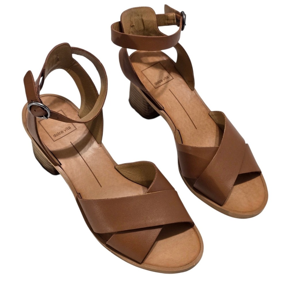 Dolce Vita Womens Cognac Brown Leather Crisscross Block Heel Sandals Size 8